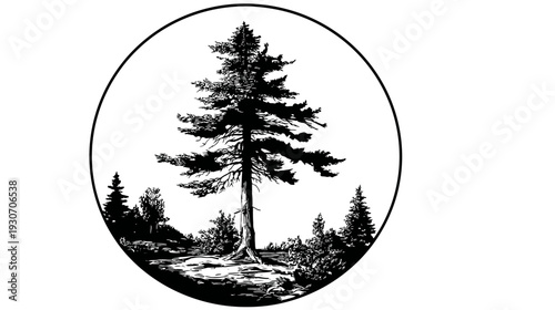 A detailed black and white illustration of a tall tree inside a circle. It shows a forest landscape