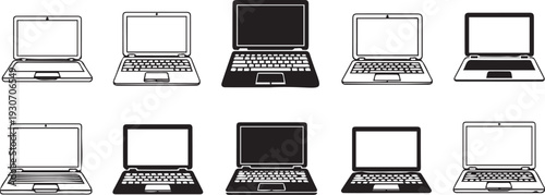 Collection of various black and white laptop illustrations in different styles and designs on a white background for graphic design and digital media use.