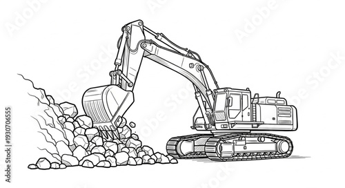 Excavator Digging Rocks and Stones.