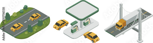 Isometric 3D Transportation Illustration Set with Highway Cars Gas Station and Suspension Bridge Truck Scene