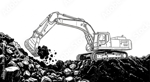 Excavator Digging into Rocky Terrain.