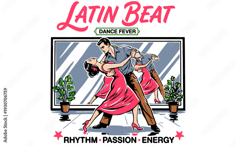 Obraz premium Latin Beat Dance Fever. Retro couple dancing vector art. Rhythm, passion, energy graphic design for t-shirt, poster, club.