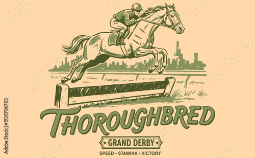 Thoroughbred Grand Derby horse racing illustration with jockey jumping obstacle. Equestrian sport vector artwork for print.