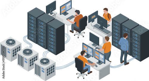 Isometric Data Center Illustration with Server Racks Technicians Monitoring Computers Cooling Units and Network Infrastructure Systems