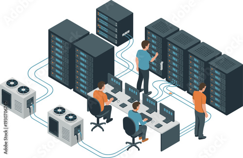 Isometric Data Center with Server Racks IT Technicians Monitoring Systems Network Cables and Cooling Units Illustration