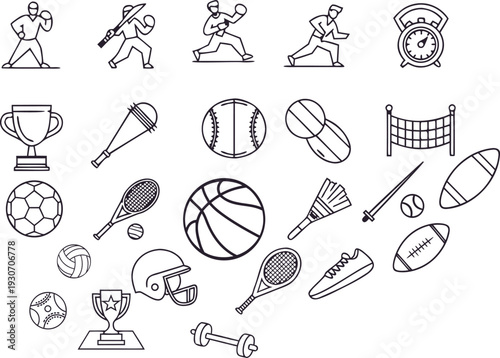 Sports competition and athletic training icons with athletes equipment and championship win