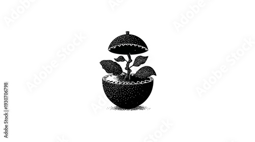 A black and white illustration of a plant inside a pot with a dotted cover