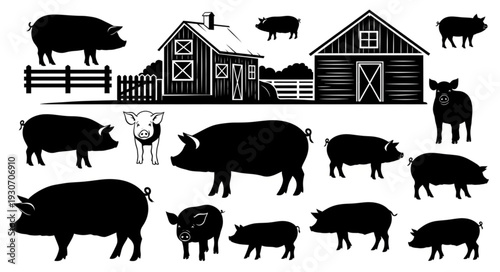 Farm Animals Silhouette Illustration.