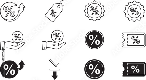 Collection of black and white percent icons representing discounts and promotions for marketing and sales campaigns