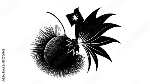 A detailed illustration of a plant with a spiky fruit, flag, leaves, and a stem