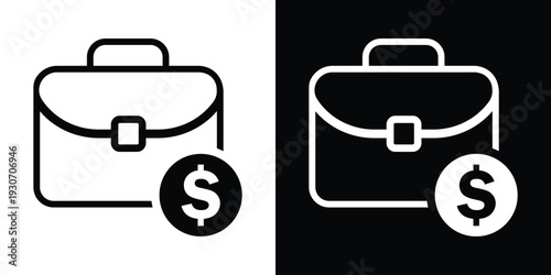 Business briefcase icon paired with a dollar sign coin. Represents investment, budget, financial portfolio, salary, and profit. Black and white professional money concept.