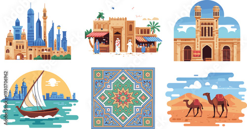 Middle Eastern Arabian culture illustration set featuring city skyline market mosque boat desert camels and geometric ornament