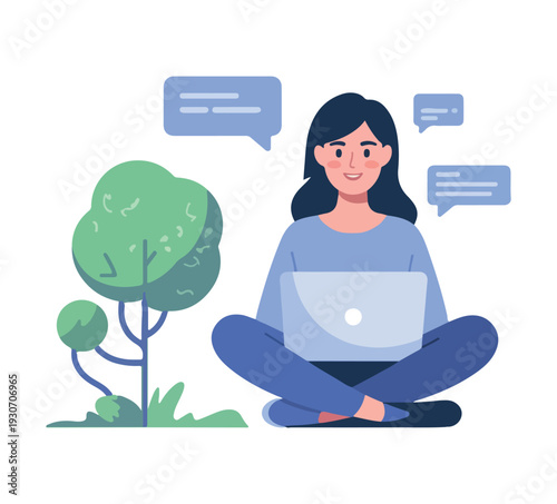 Remote Office Work Female Character Vector Illustration