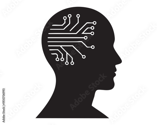 A human head silhouette containing a circuit board brain illustration
