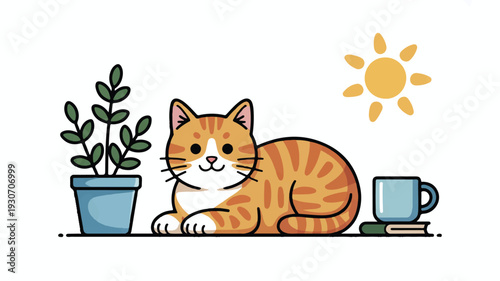 A cute digital illustration of an orange and white tabby cat lying contentedly on a light-colored surface (3)_traced