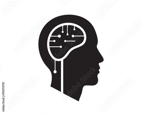 A human head silhouette containing a circuit board brain illustration