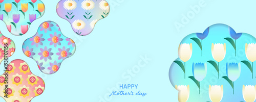 mother's day blue invitation card with white daisy flower art nouveau style for horizontal background