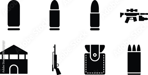 Minimalist Black and White Military Icons Set with Bullets Rifle Guard Tower Ammo Pouch and Cartridges