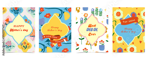 Cute colorful mother’s day greeting card set with bow,ribbon and floral Illustrations for a4 vertical invitation design