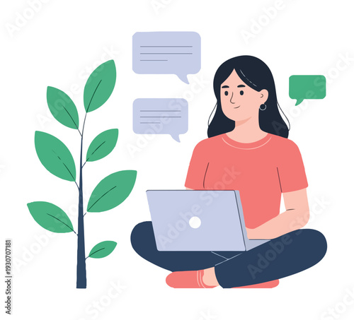 Remote Work Concept with Woman and Laptop Cartoon Vector