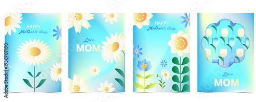 mother's day blue invitation card with white daisy flower art nouveau style for a4 vertical background