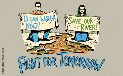 Retro protest illustration for clean water and saving rivers. Environmental activism, community action, fight for tomorrow, protect our planet.