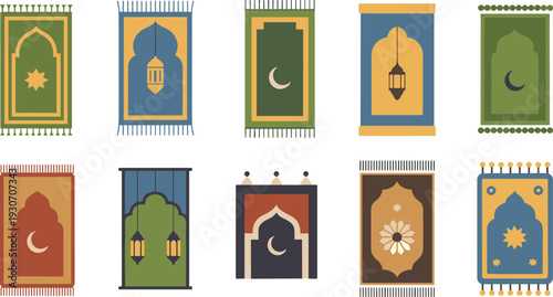 Minimalist Islamic prayer rug collection, Ramadan themed prayer mat designs with crescent and lantern motifs isolated background