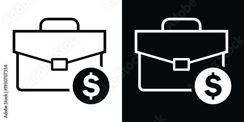 Business briefcase icon paired with a dollar sign coin. Represents investment, budget, financial portfolio, salary, and profit. Black and white professional money concept.