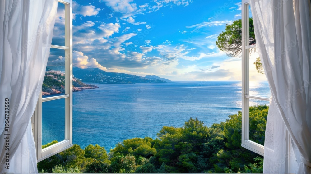 Fototapeta premium A scenic view from an open window overlooking a tranquil sea. Lush greenery and distant mountains are visible under a bright blue sky with scattered clouds.