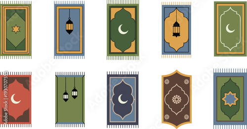 Set of minimalist Islamic prayer rugs, Ramadan themed prayer mat collection with crescent and lantern designs isolated background