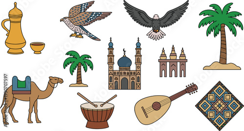 Traditional Middle Eastern culture icon set, camel mosque palm tree oud drum falcon illustrations isolated on white background
