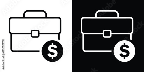 Business briefcase icon paired with a dollar sign coin. Represents investment, budget, financial portfolio, salary, and profit. Black and white professional money concept.