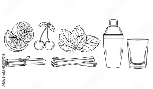 Minimal Line Art Lemon Cherry Mint Cinnamon and Drink Accessory Icons Vector Illustration