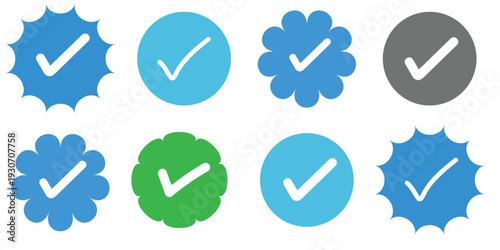 Blue tick collection of verified check mark icons and approval badges in various shapes and colors for profile validation.Instagram, Facebook, Twitter, Tiktok, Telegram, Whatsapp, Viber, Youtube