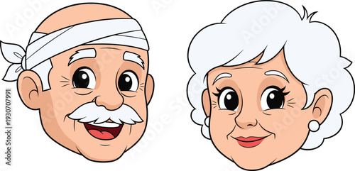 Cute elderly couple cartoon faces grandfather and grandmother smiling senior characters isolated on white background family illustration design