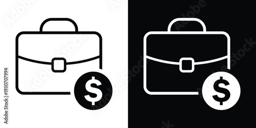 Business briefcase icon paired with a dollar sign coin. Represents investment, budget, financial portfolio, salary, and profit. Black and white professional money concept.
