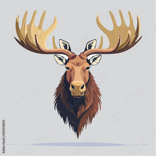 Majestic Northern Forest Moose Head with Impressive Antlers, Illustrating Wildlife's Grandeur and Untamed Beauty. This detailed illustration captures the essence of a powerful cervid