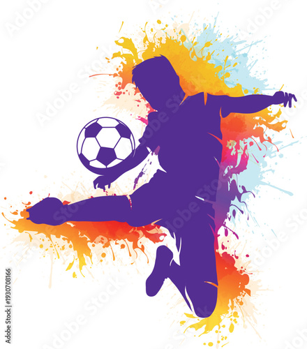 Vector illustration with transparent background. Depicts a football player in a dynamic pose with a ball. A contrasting purple silhouette against a background of colorful paint splashes.
