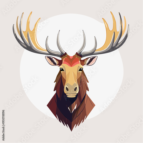 Majestic Moose Head Illustration with Geometric Design and Impressive Antlers, Capturing Wilderness Essence in a Modern Art Style and Sophisticated Aesthetic