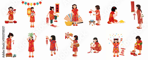 Cheerful children in traditional cheongsams celebrate Chinese New Year with festive activities, showcasing cultural symbols like lanterns, firecrackers, and red envelopes.