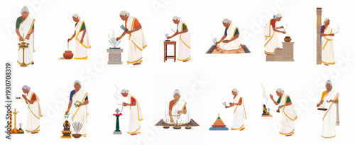 Elderly Indian Woman Performing Traditional Hindu Puja Rituals with Incense, Lamps, and Offerings, Showcasing Devotion and Cultural Practices