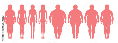 Vector illustration of a woman before and after weight loss. Female body in flat style. Successful diet and sport concept. Slim and fat girls.