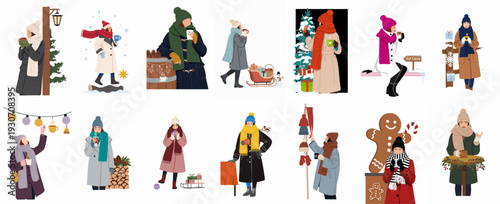 Diverse women characters in cozy winter outfits, embracing cold weather with hot drinks, presents, and holiday cheer.