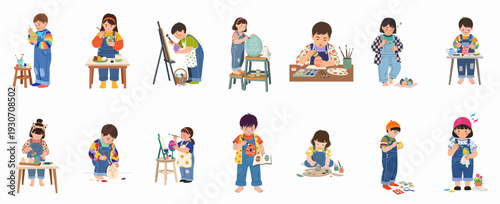 Happy children engaged in various creative activities, painting and decorating colorful Easter eggs and crafts, symbolizing childhood joy and holiday traditions.