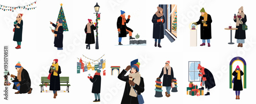 Winter Holiday Activities, Festive City Life, and Christmas Shopping: Diverse People Enjoying the Season with Warm Drinks and Decorations.