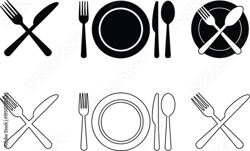 Cutlery and plate icons set, Fork, Knife, Spoon Dining silhouette and outline vector