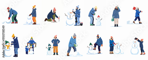 People building snowmen and enjoying winter outdoor activities, illustrating various stages of creation and festive fun in the snow.