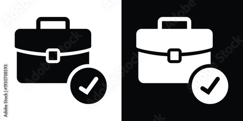 Bold briefcase icon with a checkmark symbol. Represents completed business tasks, project success, approved work, and job completion. Modern black and white flat vector.