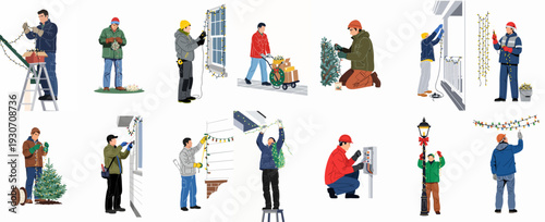 Men Professionally Installing Festive Christmas and Holiday Lights on Homes, Trees, and Public Spaces