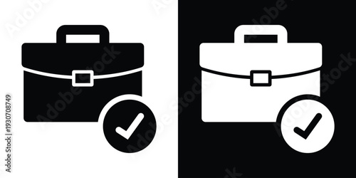 Bold briefcase icon with a checkmark symbol. Represents completed business tasks, project success, approved work, and job completion. Modern black and white flat vector.